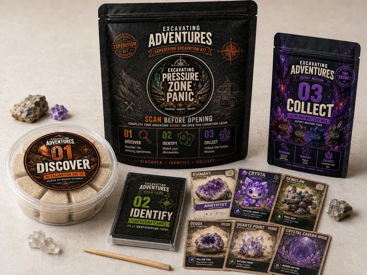 Pressure Zone Panic science kit with excavation dig, assorted specimen cards, Gemling pack, rocks, and digging tool.