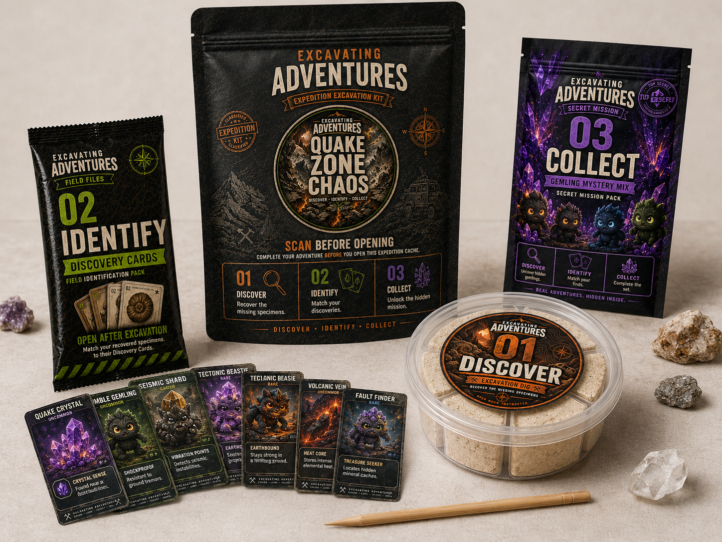 Quake Zone Chaos earthquake science kit with excavation dig, six specimen cards, Gemling pack, and rock specimens.