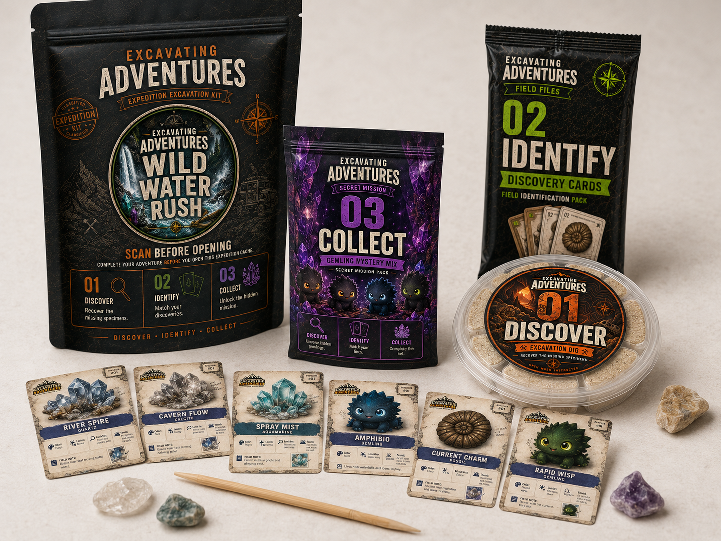 Wild Water Rush science kit with excavation dig, six specimen cards, Gemling mystery pack, and assorted specimens.