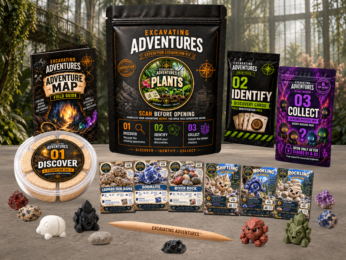 Plants Excavation Adventure Kit displayed in The Great Glasshouse, with the labeled pouch, dig container, map and cards.