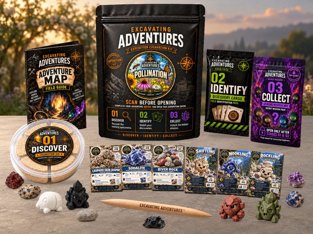 Pollination Excavation Adventure Kit displayed in Nectarwind Meadow, with the labeled pouch, dig container, map and cards.