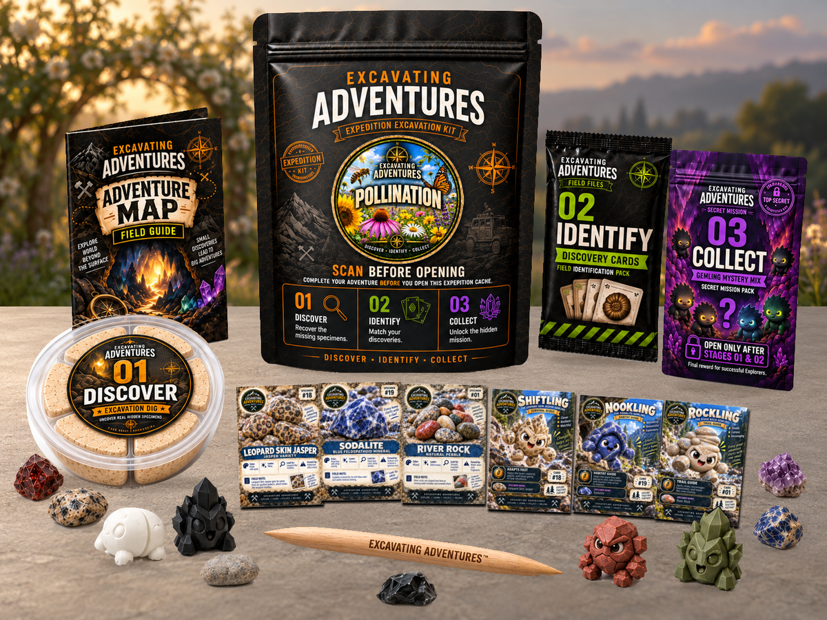 Pollination Excavation Adventure Kit displayed in Nectarwind Meadow, with the labeled pouch, dig container, map and cards.