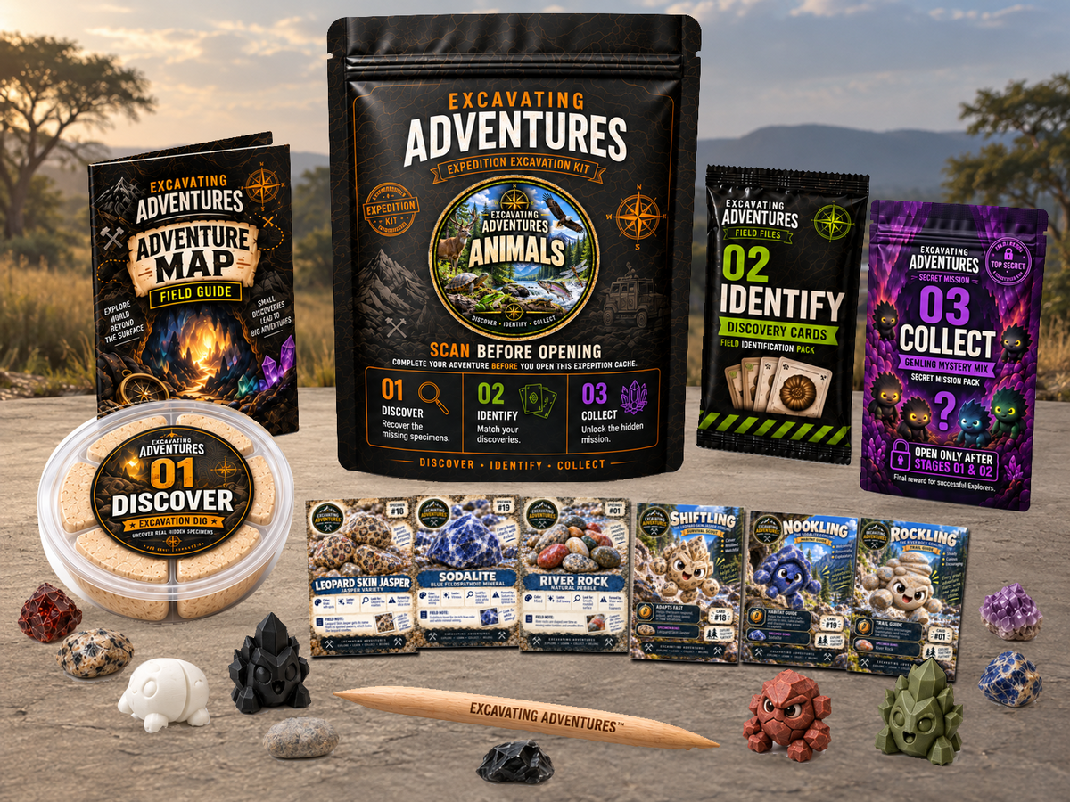 Animals Excavation Adventure Kit displayed in Wildtrail Preserve, with the labeled pouch, dig container, map and cards.