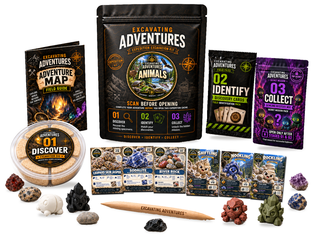Animals Excavation Adventure Kit on a white background, showing the labeled pouch, dig container, map, cards and dig stick.