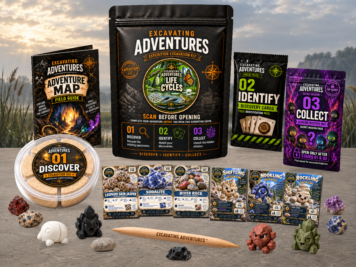 Life Cycles Excavation Adventure Kit displayed in Everchange Marsh, with the labeled pouch, dig container, map and cards.