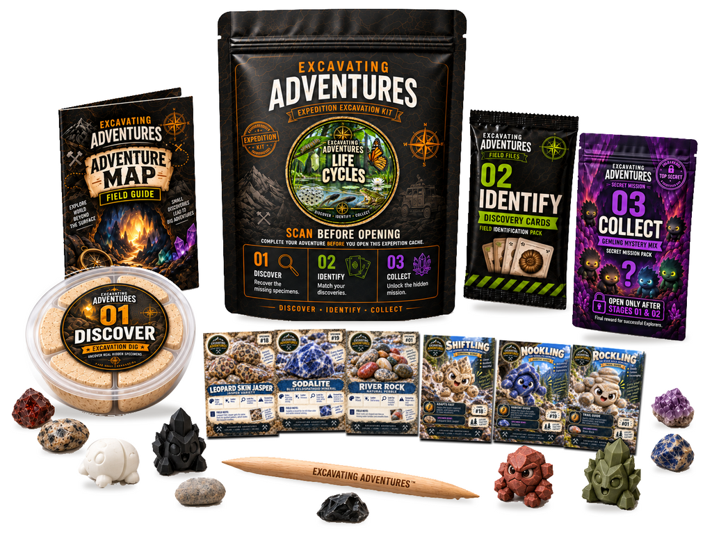 Life Cycles Excavation Adventure Kit on a white background, showing the labeled pouch, dig container, map, cards and dig stick.