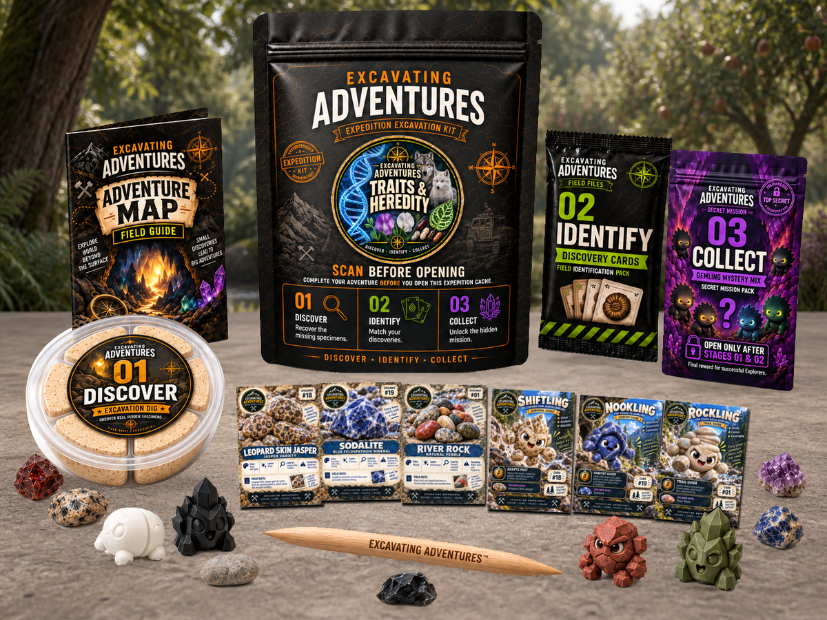 Traits & Heredity Excavation Adventure Kit displayed in Kinwood Grove, with the labeled pouch, dig container, map and cards.