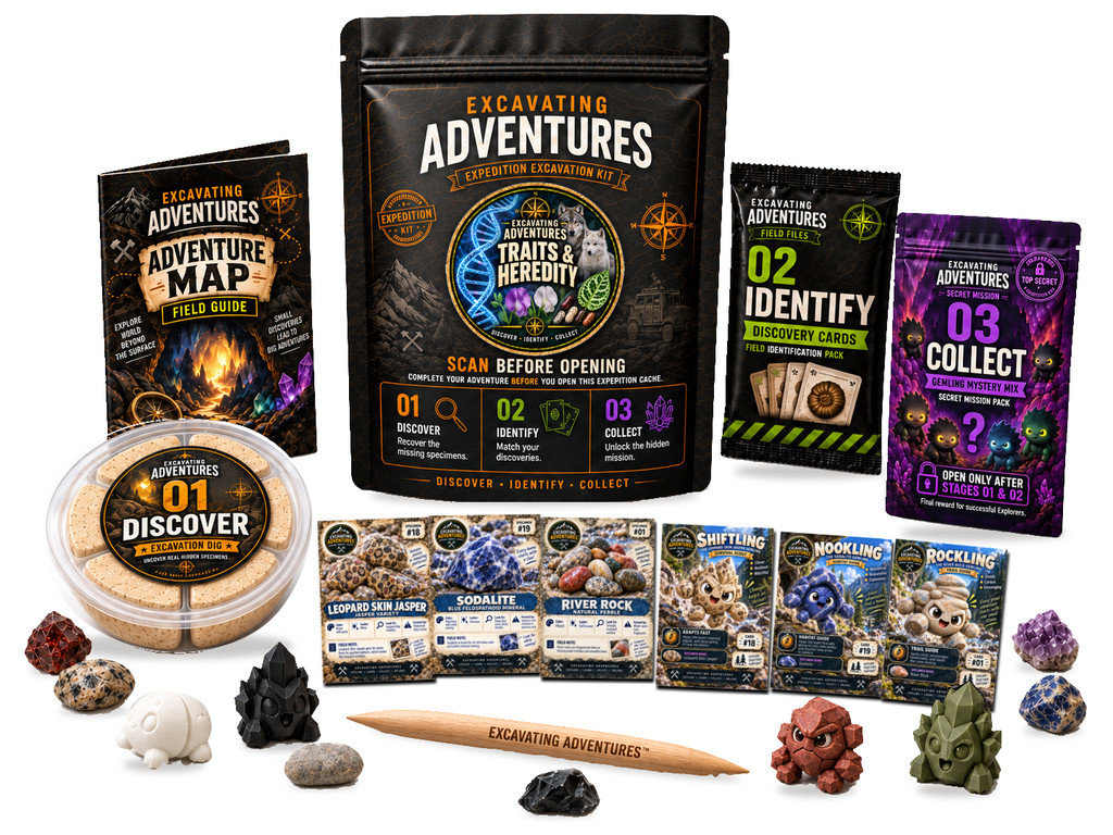 Traits & Heredity Excavation Adventure Kit on a white background, showing the labeled pouch, dig container, map, cards and dig stick.