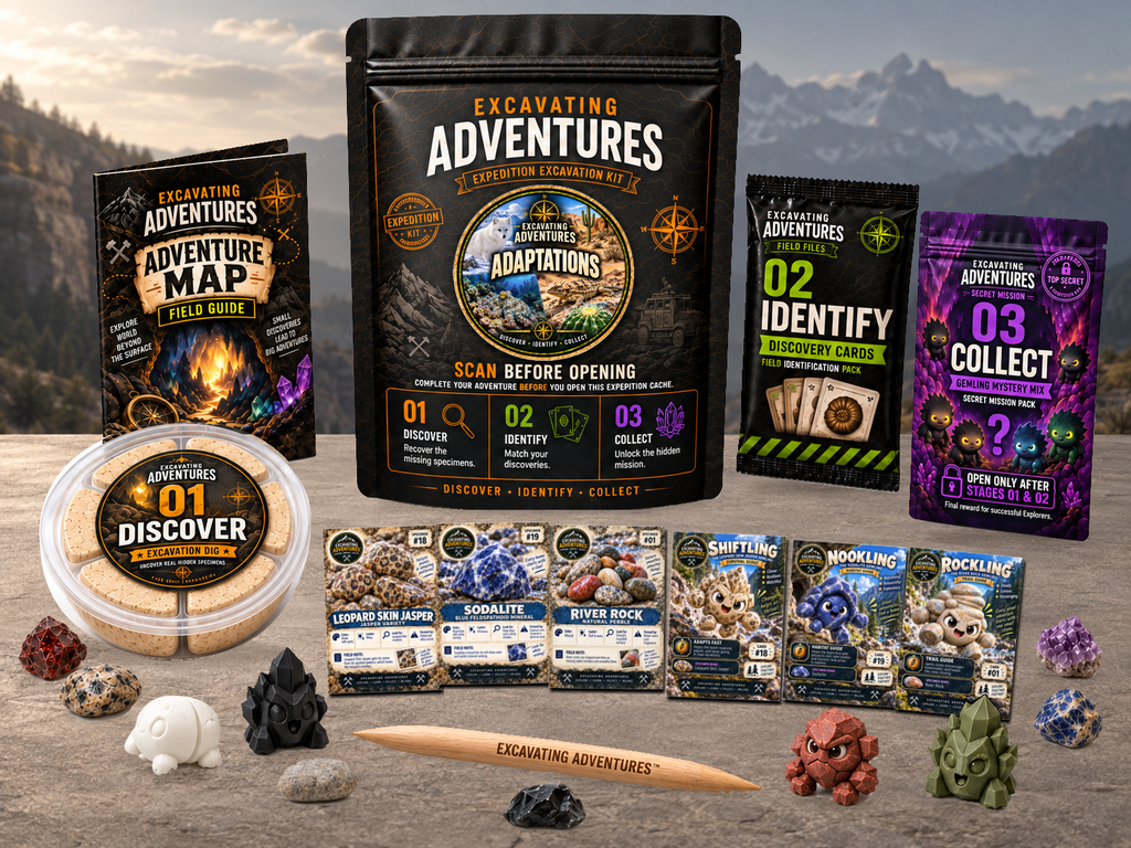 Adaptations Excavation Adventure Kit displayed in Survival Summit, with the labeled pouch, dig container, map and cards.