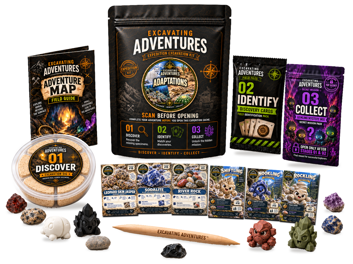 Adaptations Excavation Adventure Kit on a white background, showing the labeled pouch, dig container, map, cards and dig stick.