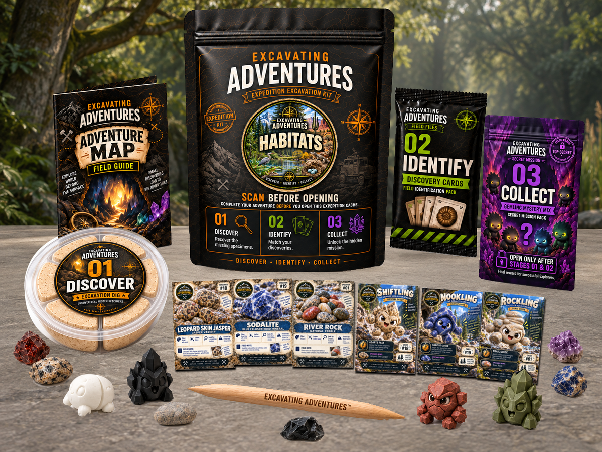 Habitats Excavation Adventure Kit displayed in Nookhaven Wilds, with the labeled pouch, dig container, map and cards.