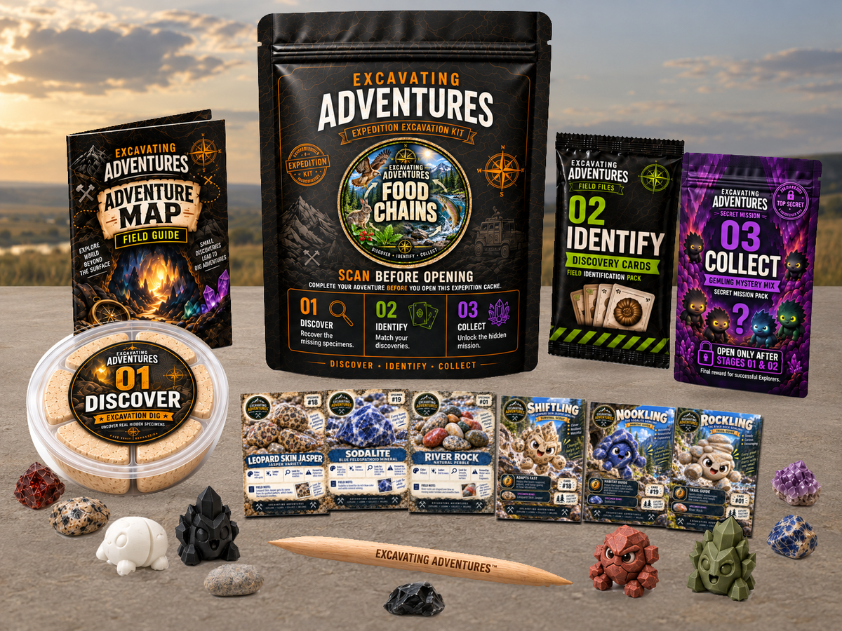 Food Chains Excavation Adventure Kit displayed in Predator Prairie, with the labeled pouch, dig container, map and cards.