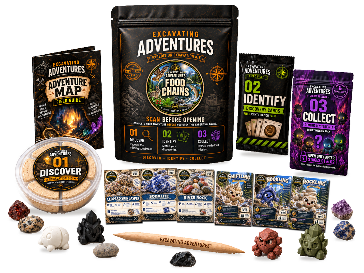 Food Chains Excavation Adventure Kit on a white background, showing the labeled pouch, dig container, map, cards and dig stick.