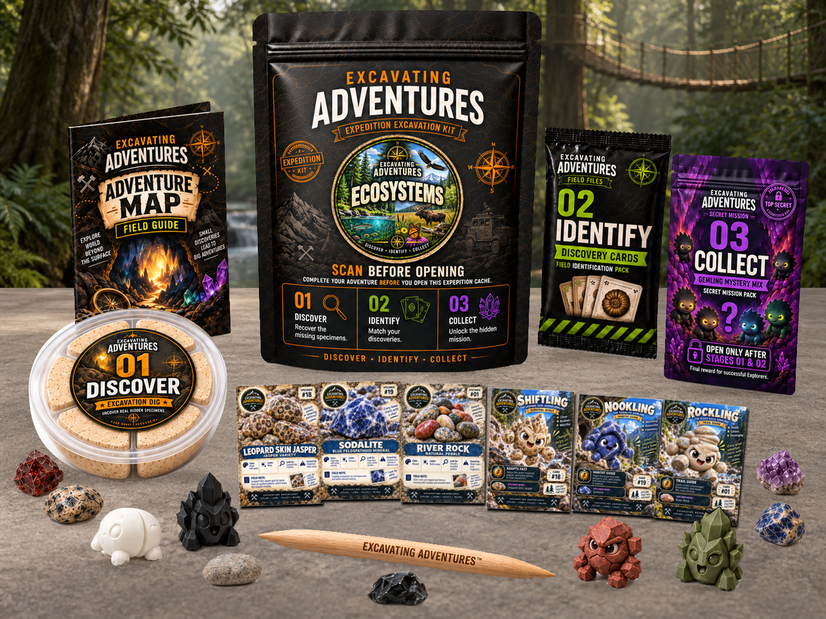 Ecosystems Excavation Adventure Kit displayed in The Linked Wilds, with the labeled pouch, dig container, map and cards.
