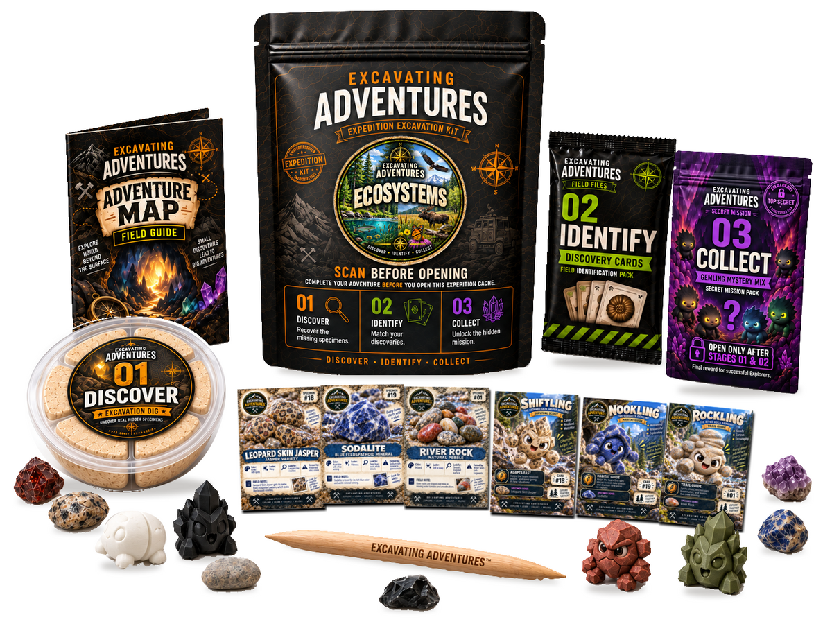 Ecosystems Excavation Adventure Kit on a white background, showing the labeled pouch, dig container, map, cards and dig stick.