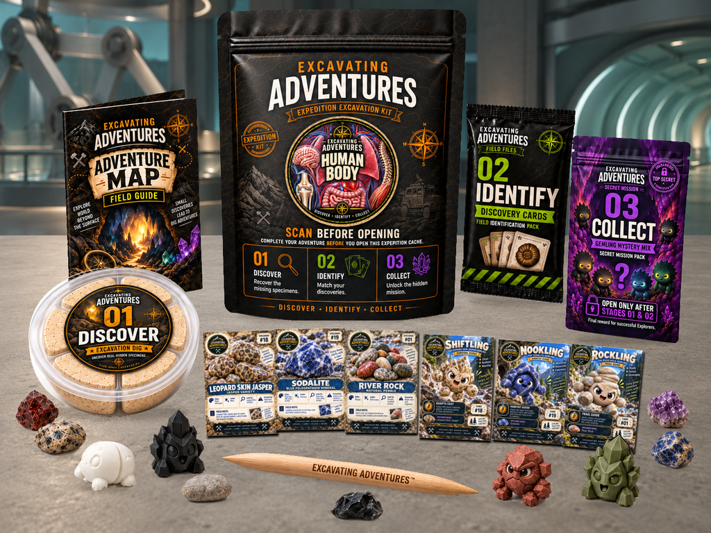 Human Body Excavation Adventure Kit displayed in BioWorks Adventure Lab, with the labeled pouch, dig container, map and cards.