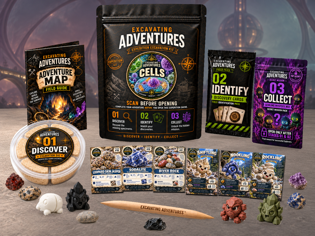 Cells Excavation Adventure Kit displayed in Cellforge Dome, with the labeled pouch, dig container, map and cards.