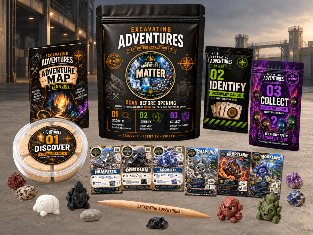 Matter Excavation Adventure Kit displayed in Matterport Depot, with the labeled pouch, dig container, map and cards.