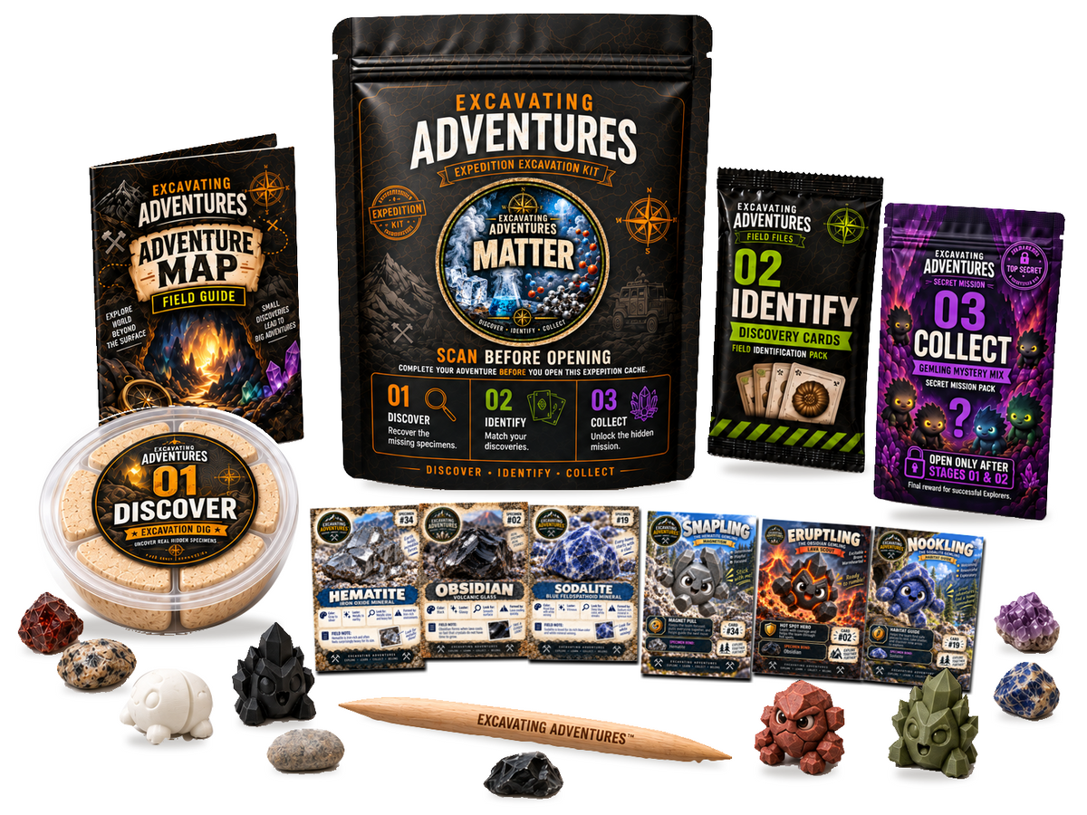 Matter Excavation Adventure Kit on a white background, showing the labeled pouch, dig container, map, cards and dig stick.