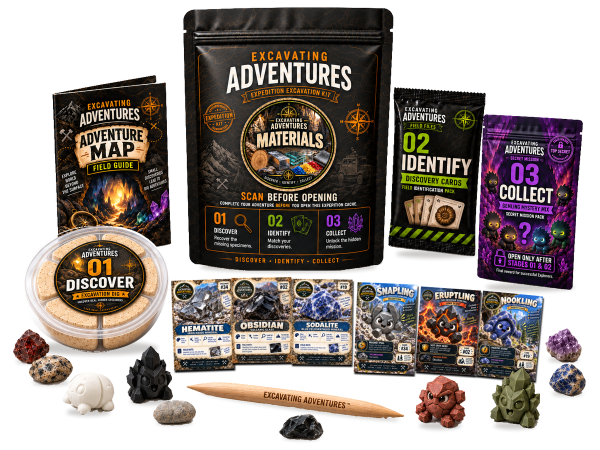 Materials Excavation Adventure Kit on a white background, showing the labeled pouch, dig container, map, cards and dig stick.