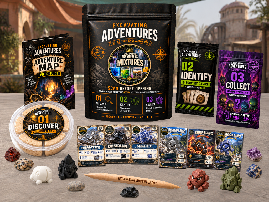 Mixtures Excavation Adventure Kit displayed in Mixmaster Bazaar, with the labeled pouch, dig container, map and cards.