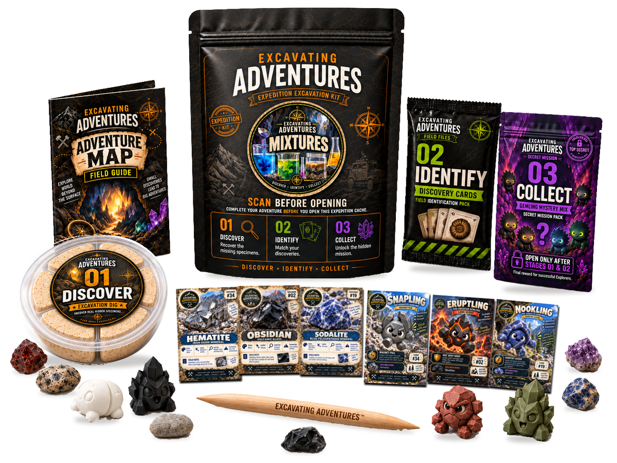 Mixtures Excavation Adventure Kit on a white background, showing the labeled pouch, dig container, map, cards and dig stick.
