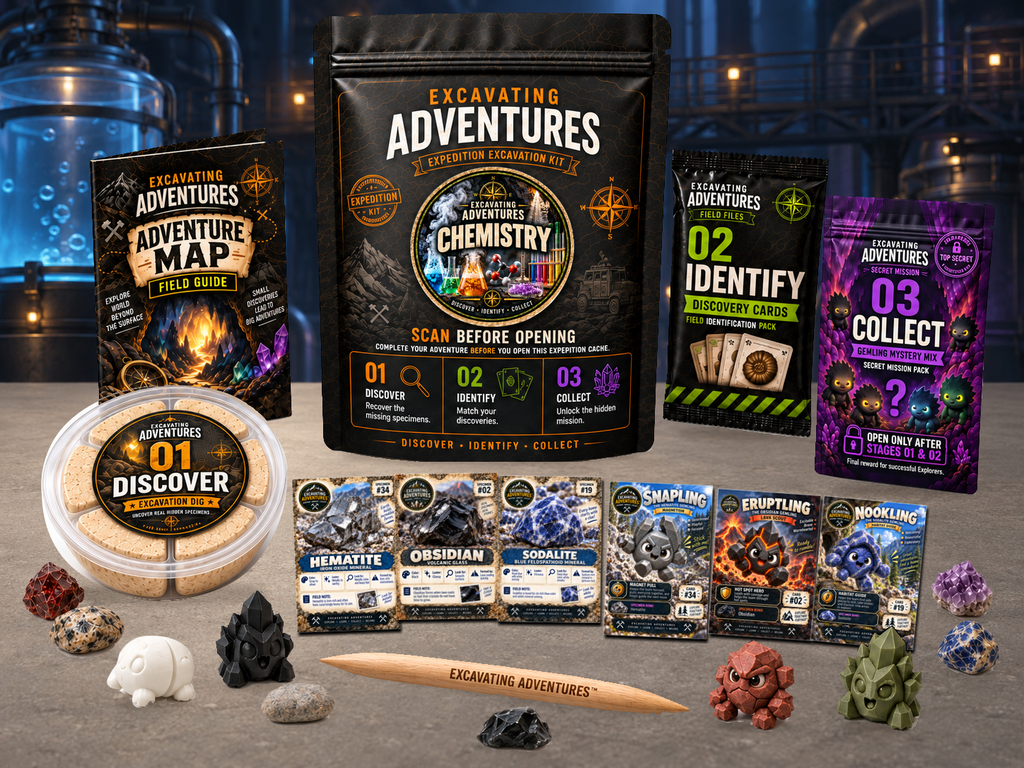 Chemistry Excavation Adventure Kit displayed in Fizzworks Factory, with the labeled pouch, dig container, map and cards.