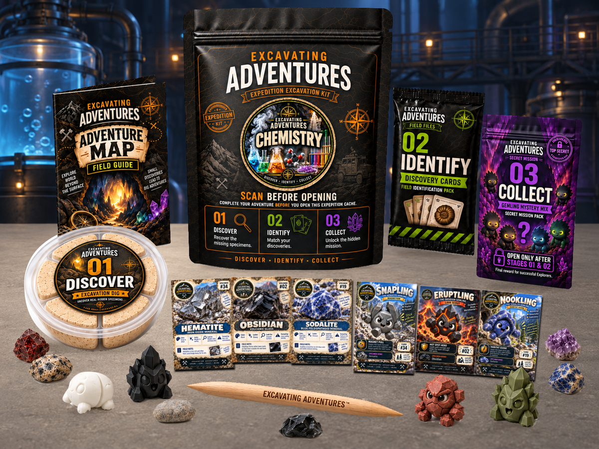 Chemistry Excavation Adventure Kit displayed in Fizzworks Factory, with the labeled pouch, dig container, map and cards.