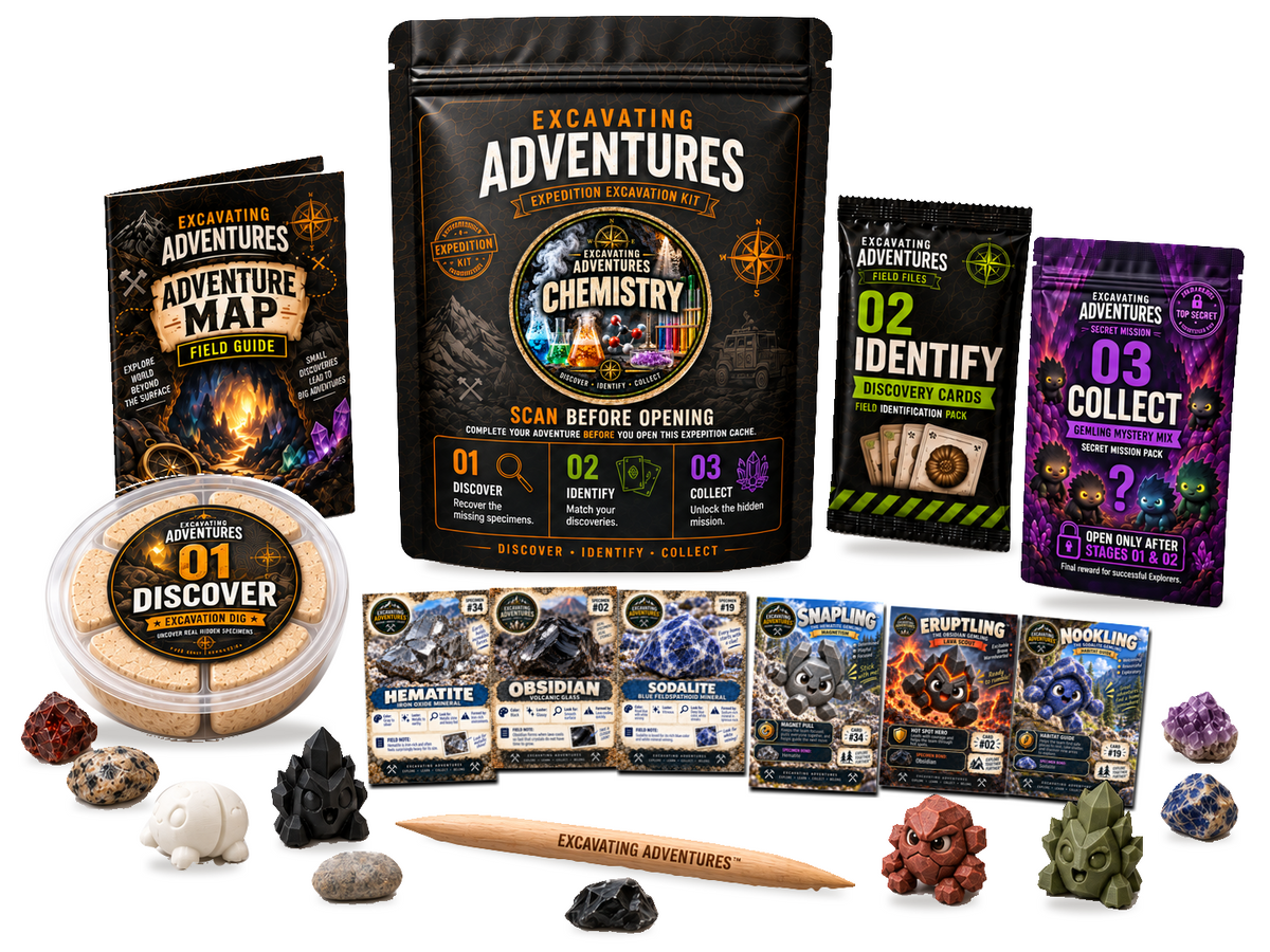 Chemistry Excavation Adventure Kit on a white background, showing the labeled pouch, dig container, map, cards and dig stick.