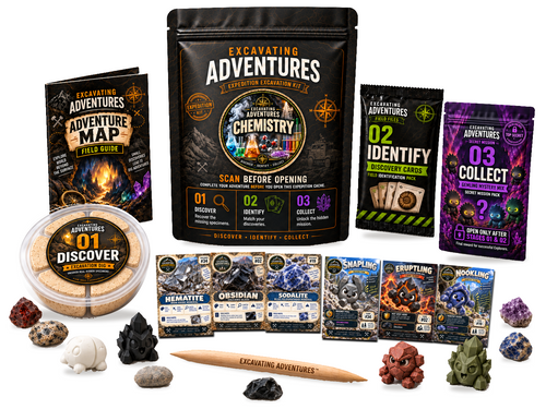 Chemistry Excavation Adventure Kit on a white background, showing the labeled pouch, dig container, map, cards and dig stick.