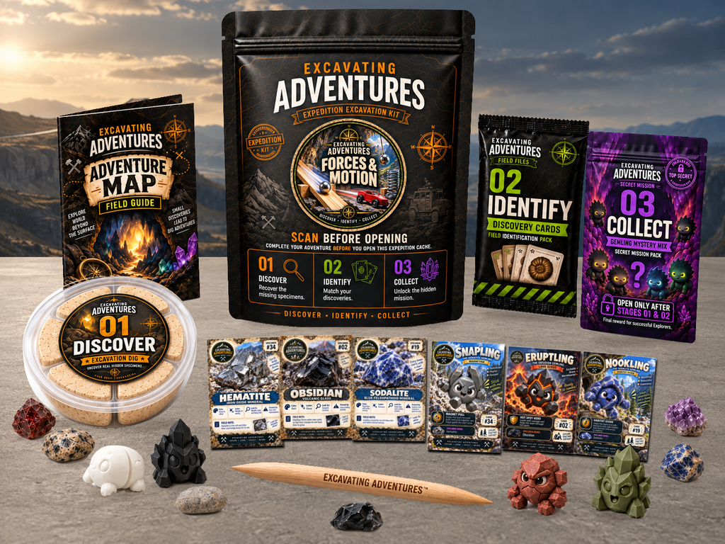 Forces & Motion Excavation Adventure Kit displayed in Velocity Valley, with the labeled pouch, dig container, map and cards.