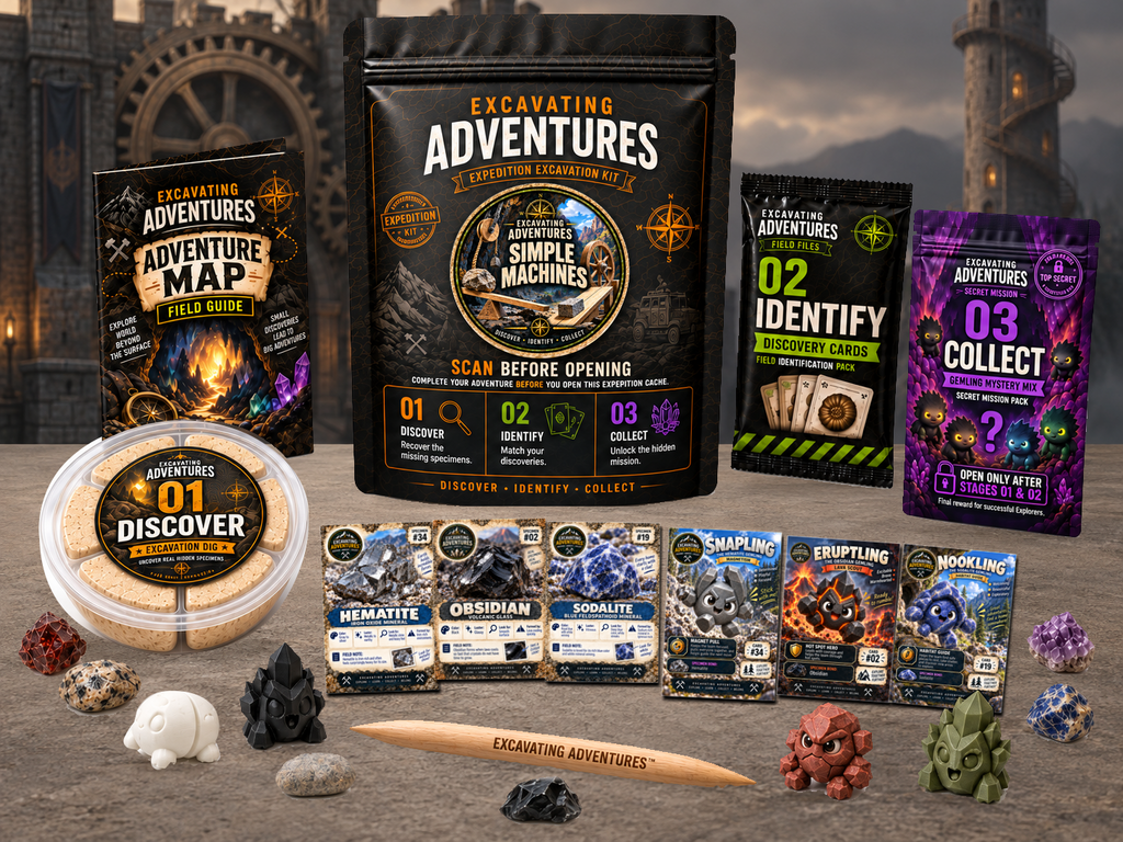 Simple Machines Excavation Adventure Kit displayed in Clockwork Keep, with the labeled pouch, dig container, map and cards.