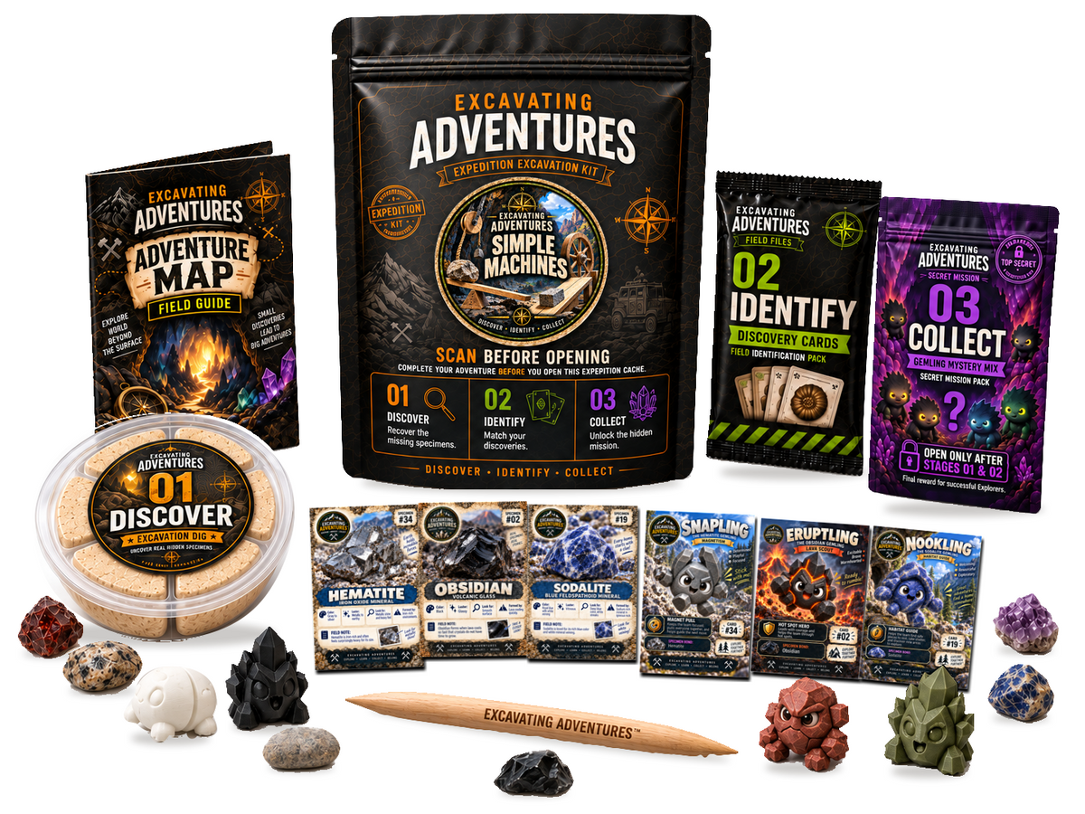 Simple Machines Excavation Adventure Kit on a white background, showing the labeled pouch, dig container, map, cards and dig stick.