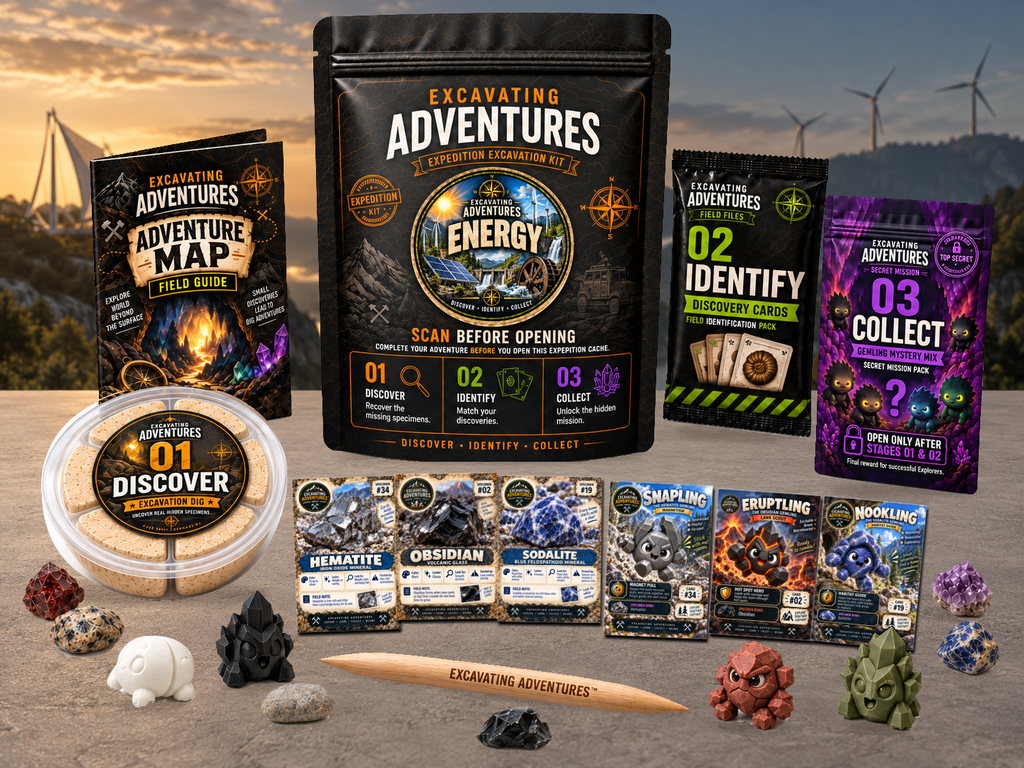 Energy Excavation Adventure Kit displayed in Powerpark, with the labeled pouch, dig container, map and cards.
