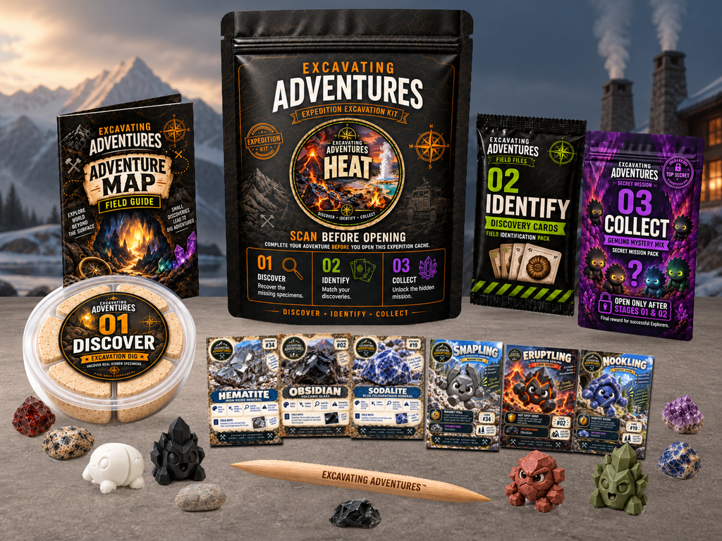 Heat Excavation Adventure Kit displayed in Frostfire Lodge, with the labeled pouch, dig container, map and cards.