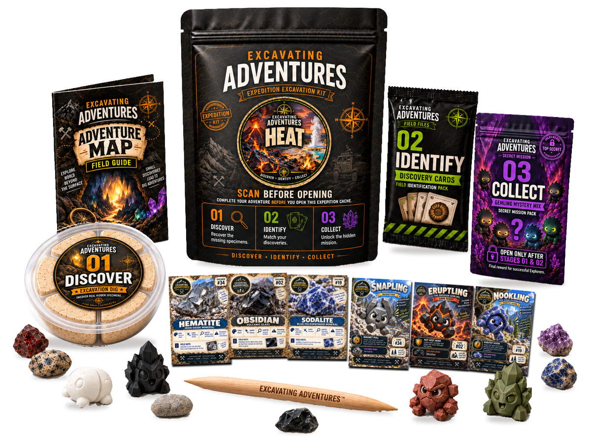 Heat Excavation Adventure Kit on a white background, showing the labeled pouch, dig container, map, cards and dig stick.