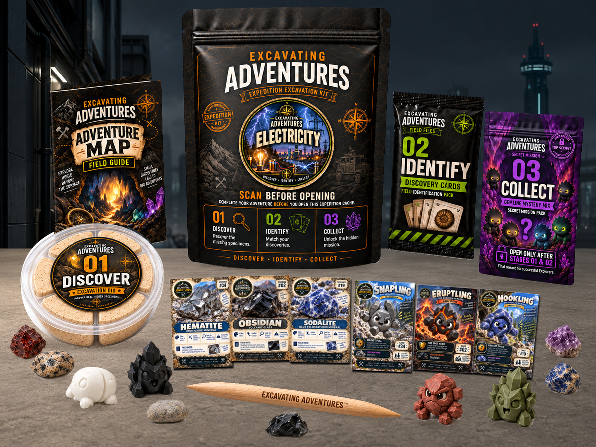 Electricity Excavation Adventure Kit displayed in Neon Grid City, with the labeled pouch, dig container, map and cards.