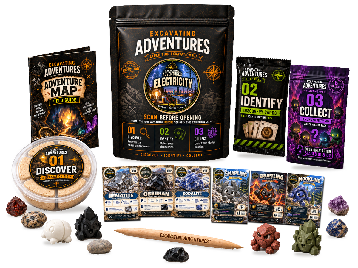 Electricity Excavation Adventure Kit on a white background, showing the labeled pouch, dig container, map, cards and dig stick.