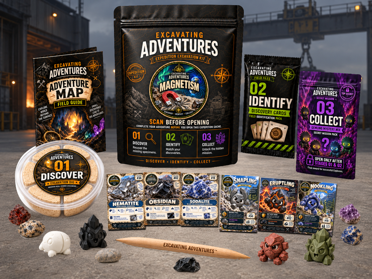 Magnetism Excavation Adventure Kit displayed in Polarize Yard, with the labeled pouch, dig container, map and cards.