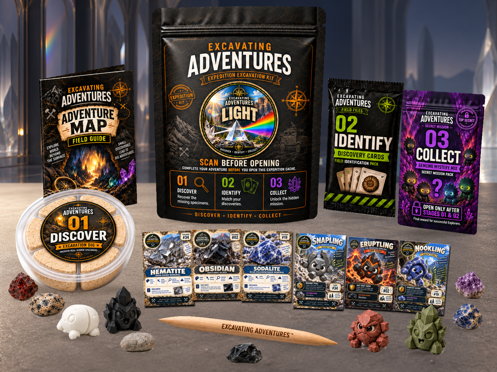 Light Excavation Adventure Kit displayed in Prism Palace, with the labeled pouch, dig container, map and cards.