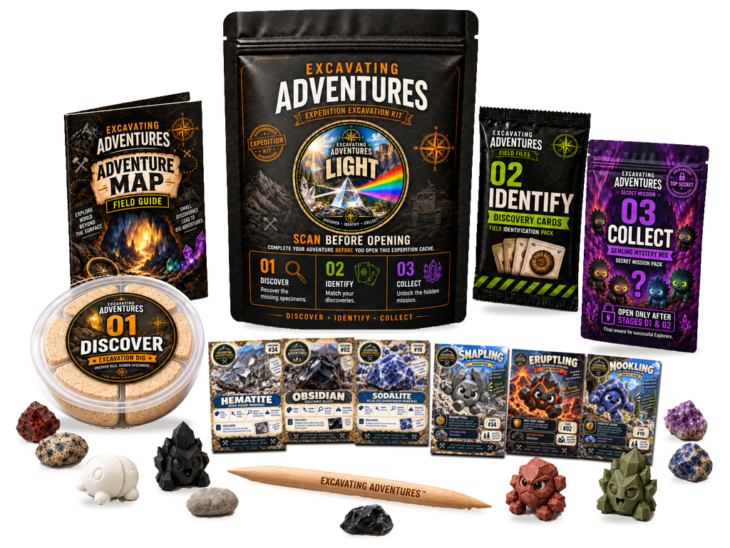 Light Excavation Adventure Kit on a white background, showing the labeled pouch, dig container, map, cards and dig stick.