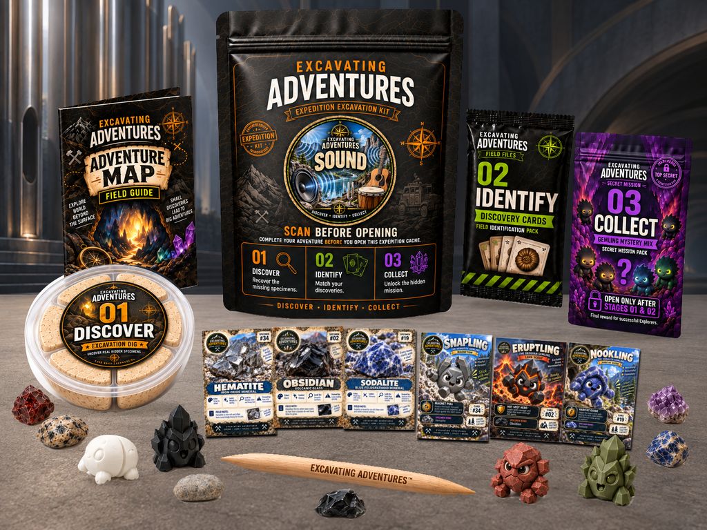 Sound Excavation Adventure Kit displayed in Echo Arena, with the labeled pouch, dig container, map and cards.