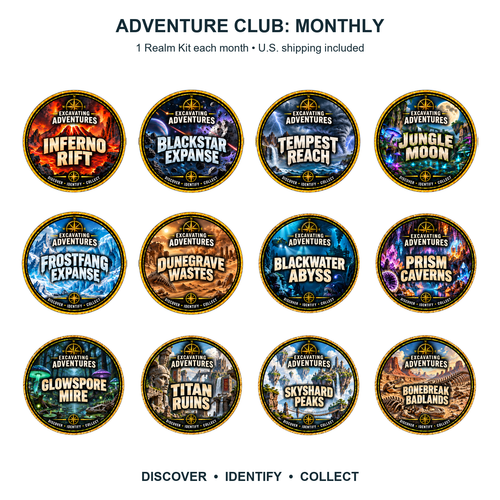 Adventure Club Monthly: 1 Realm Kit, illustrated with the 12 approved Grumbly Realm labels