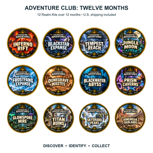 Adventure Club Twelve Months: 12 Realm Kits, illustrated with the 12 approved Grumbly Realm labels