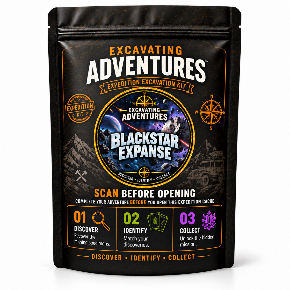 Blackstar Expanse - Excavating Adventures Dig Kit in its black-and-gold expedition pouch