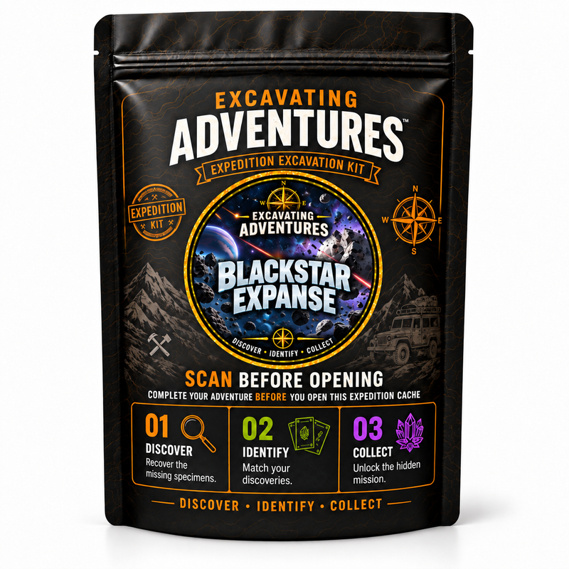 Blackstar Expanse - Excavating Adventures Dig Kit in its black-and-gold expedition pouch