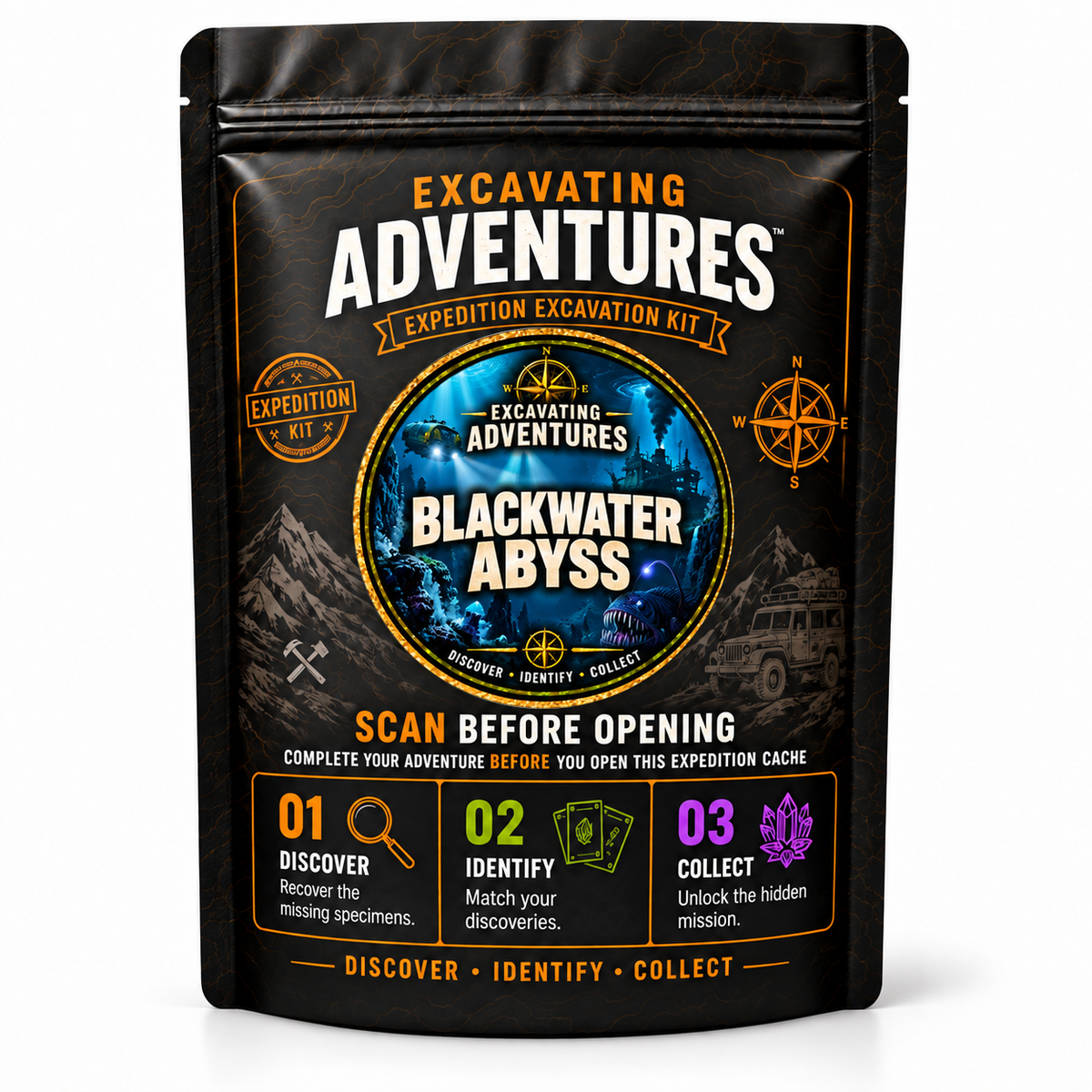 Blackwater Abyss - Excavating Adventures Dig Kit in its black-and-gold expedition pouch