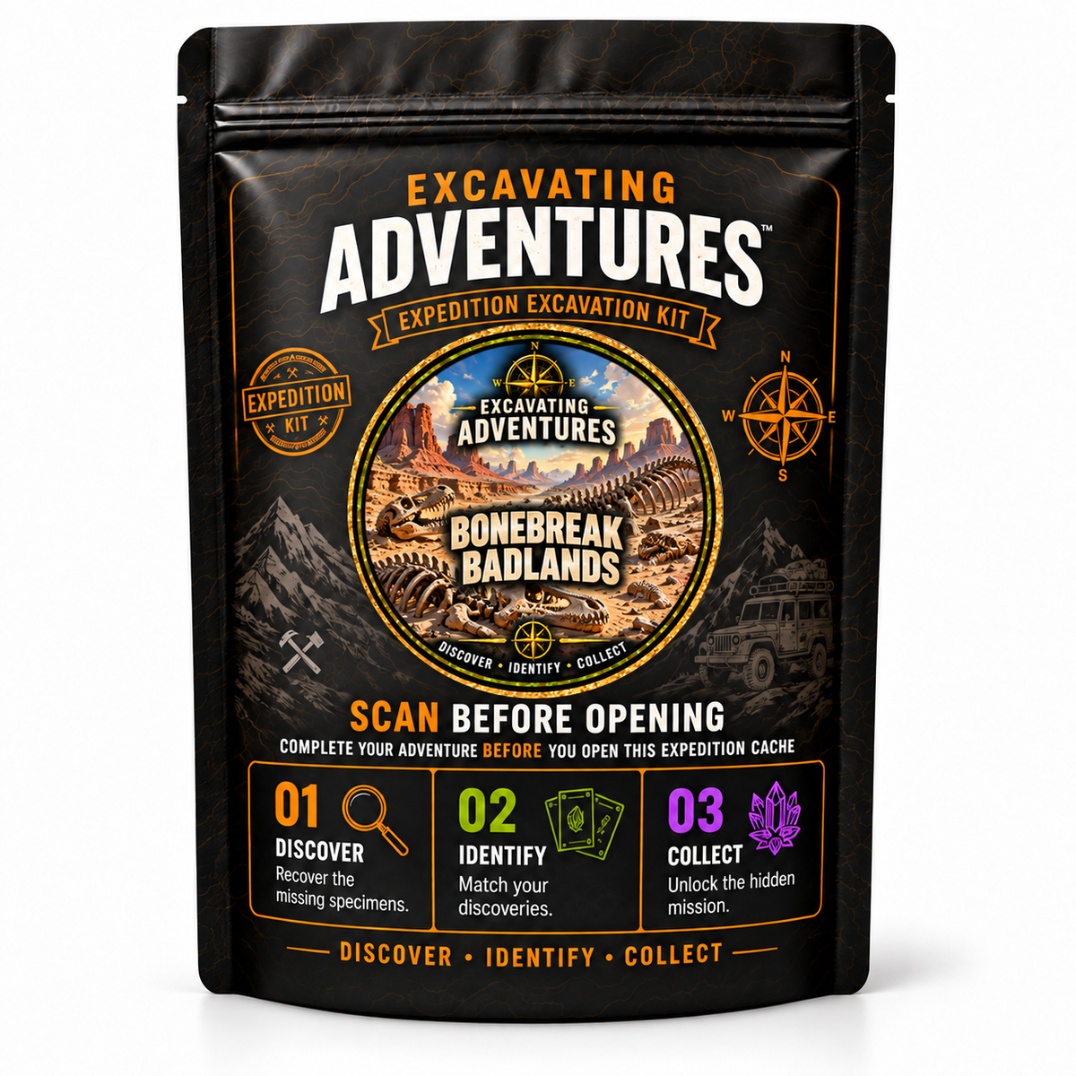 Bonebreak Badlands - Excavating Adventures Dig Kit in its black-and-gold expedition pouch