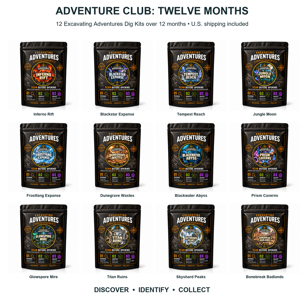 Adventure Club: Twelve Months - 12 Excavating Adventures Dig Kits - current Dig Kit pouch collection