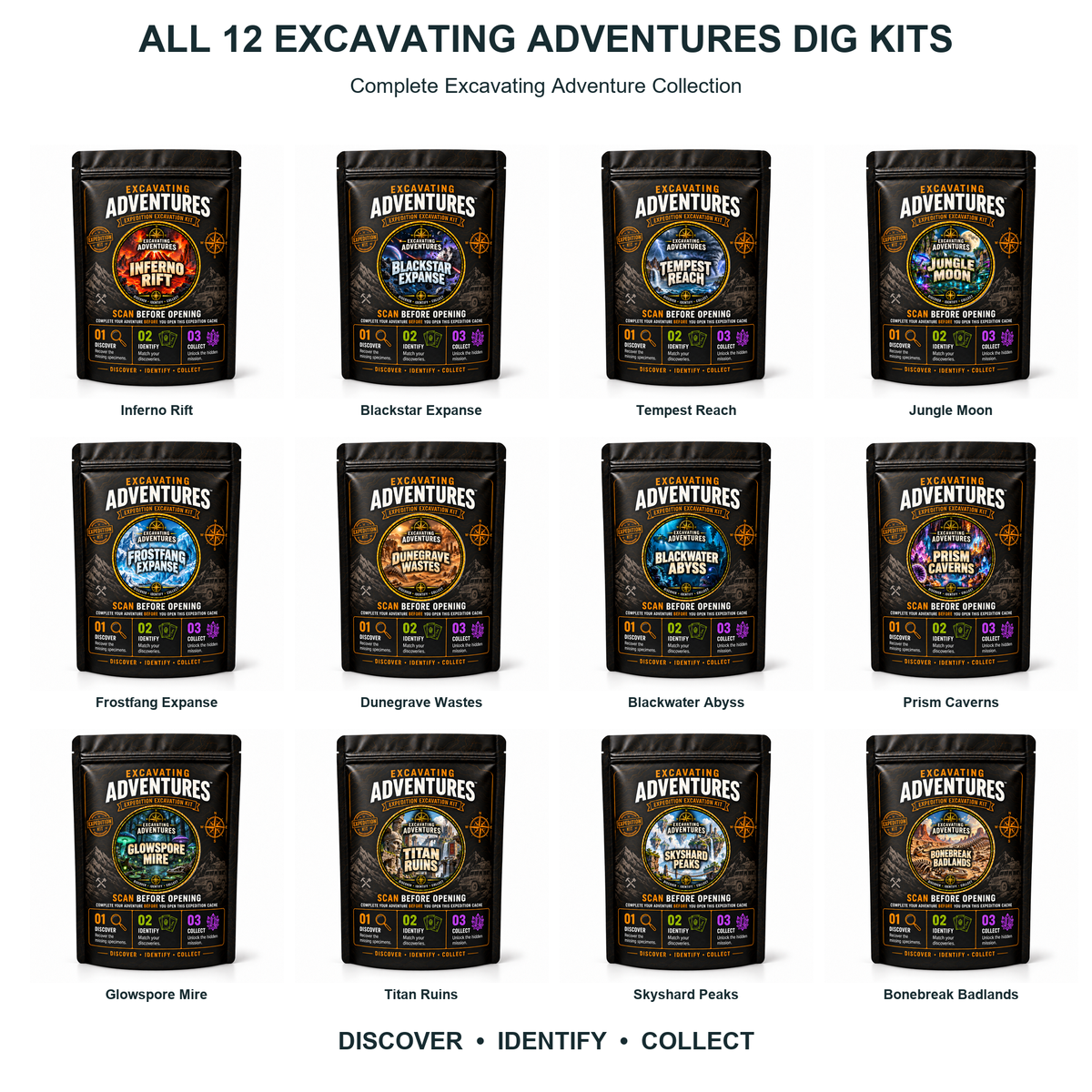Complete Excavating Adventure Collection - All 12 Excavating Adventures Dig Kits (Best Deal!) - current Dig Kit pouch collection